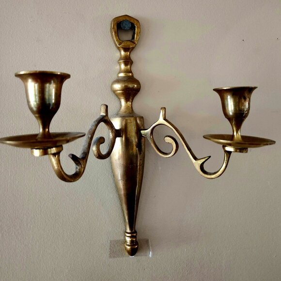 Pair of  Brass Double-Arm Colonial Wall-Sconces Candle Holders  w/added decor - Picture 1 of 8